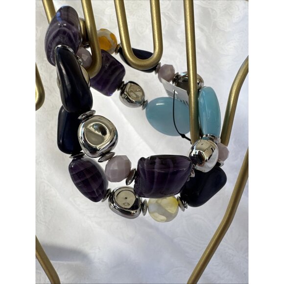 Chico's 2 PC Turquoise Blue Purple Silvertone Stretch Stackable Bracelet - NWT - Picture 6 of 16